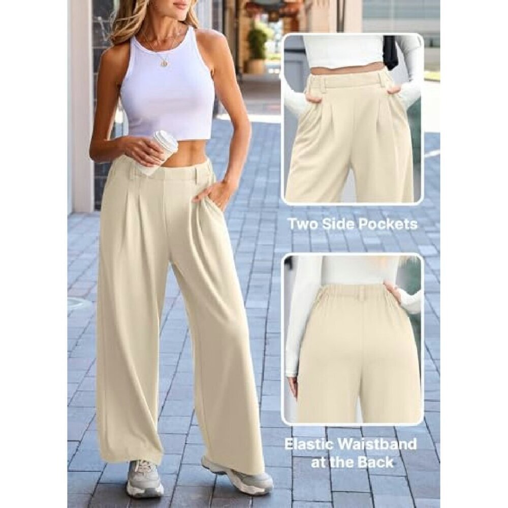 Wide Leg Fleece Lined Palazzo Pants High Waisted Business Casual with Pockets - Picture 5 of 8